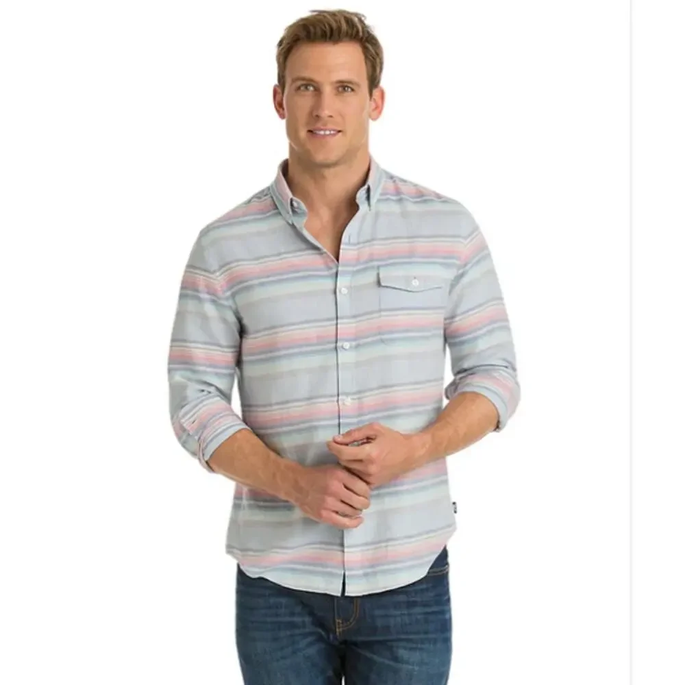 VINEYARD VINES Sunset Lake Stipe Slim Fit Crosby Shirt Cotton Linen blend sz L
